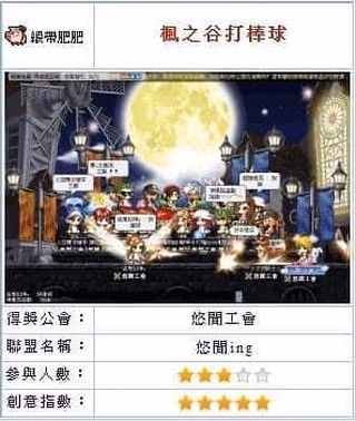 得獎公會展示:緞帶肥肥伺服器「悠閒工會」(主題:楓之谷打棒球)